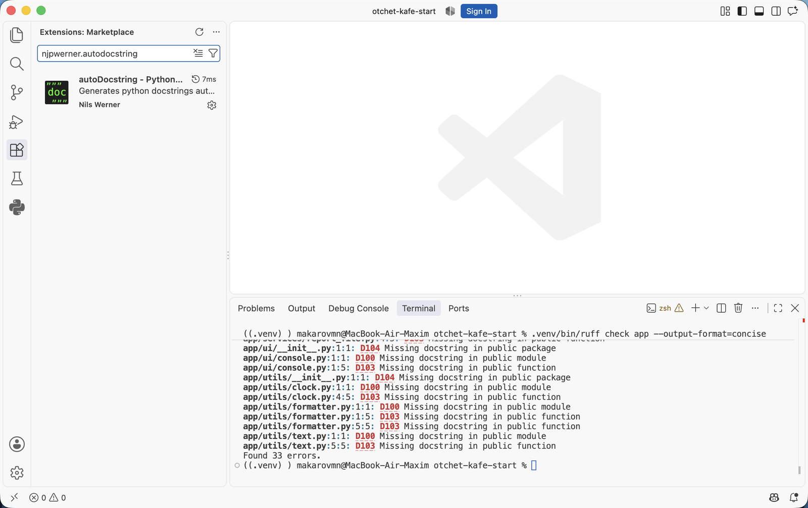 Панель расширений VS Code: по идентификатору найдено одно расширение autoDocstring автора Nils Werner