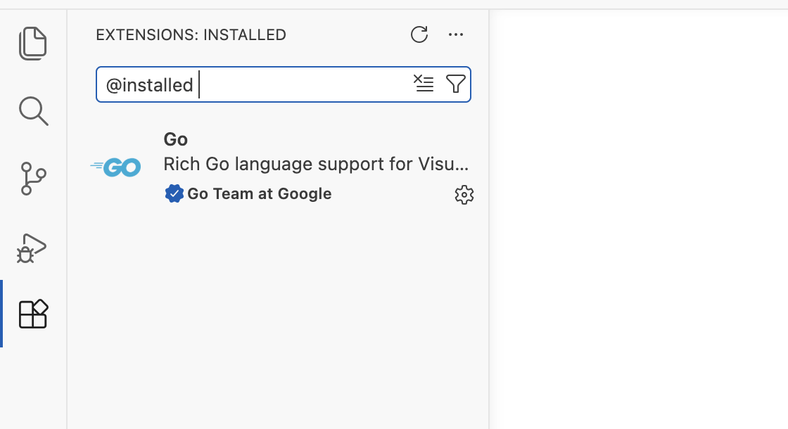 Панель расширений VS Code с фильтром @installed: расширение Go от Go Team at Google