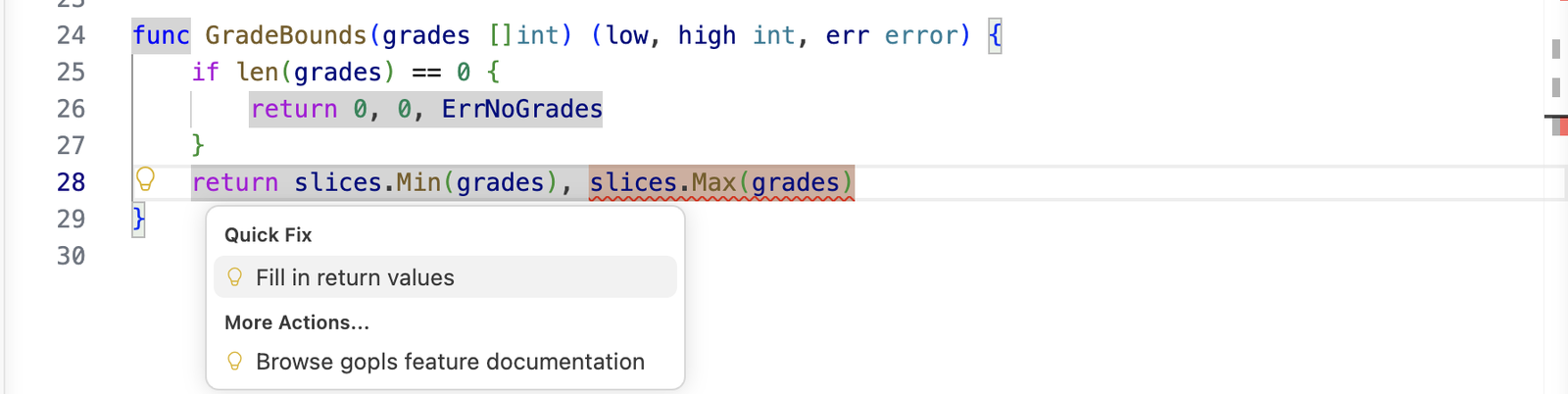 VS Code: курсор на строке 28 calculator.go, меню Quick Fix с пунктом Fill in return values