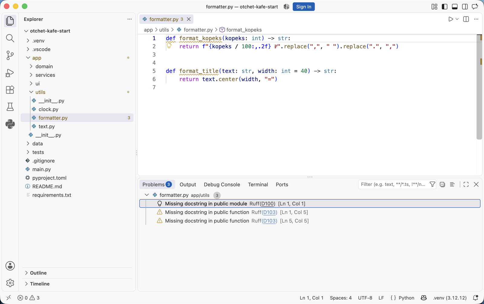 Панель Problems в VS Code: три замечания Ruff с кодами D100 и D103 для файла formatter.py