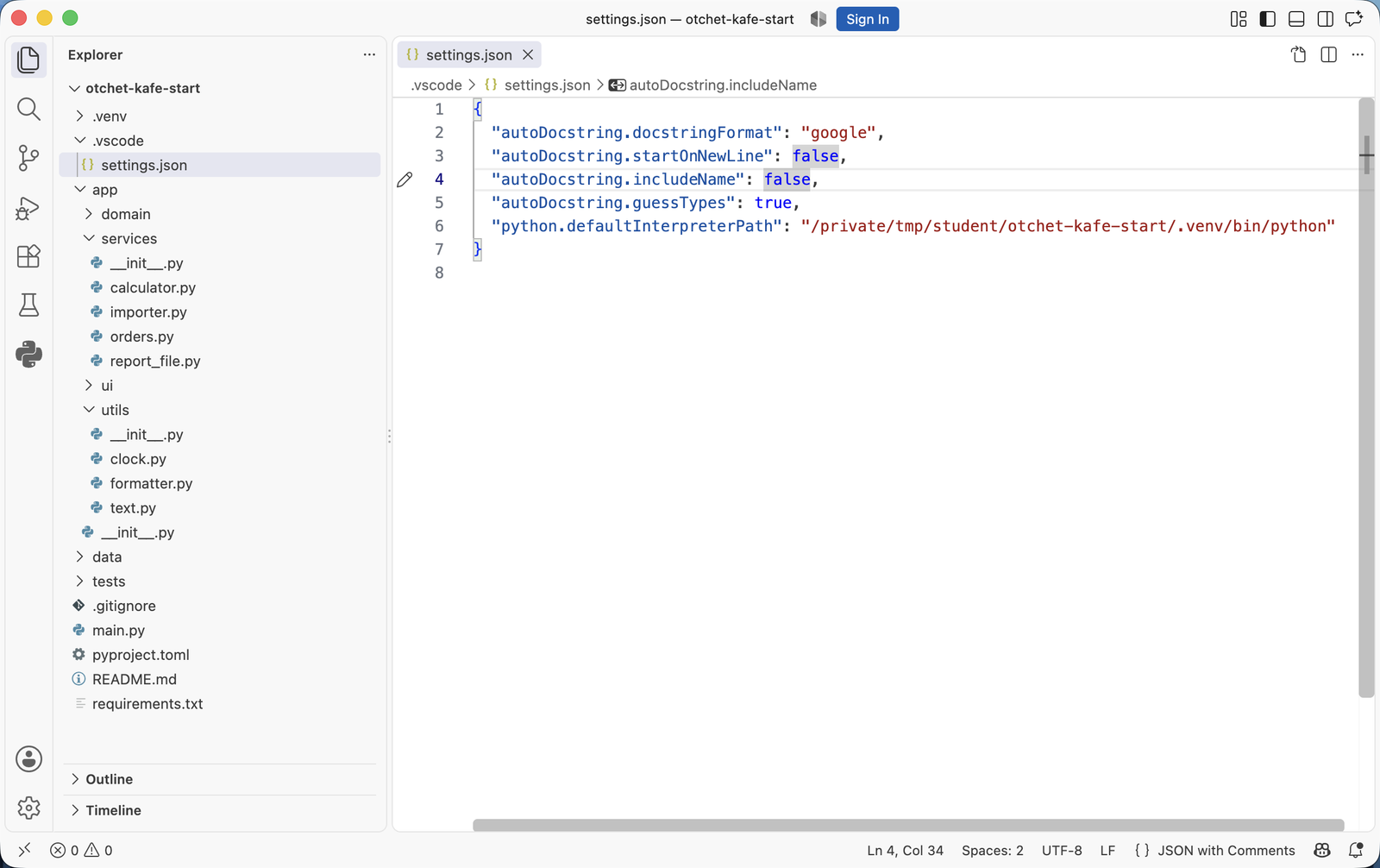 Файл .vscode/settings.json проекта, открытый в VS Code: параметры autoDocstring и путь к интерпретатору