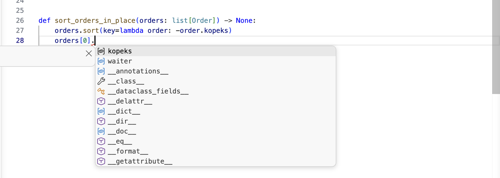 VS Code: после orders[0]. в проекте с аннотациями редактор предлагает kopeks и waiter, рядом подсказка kopeks: int