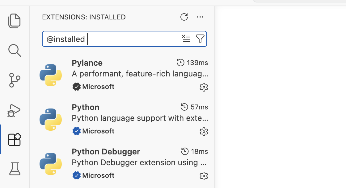 Панель расширений VS Code с фильтром @installed: Pylance, Python и Python Debugger от Microsoft