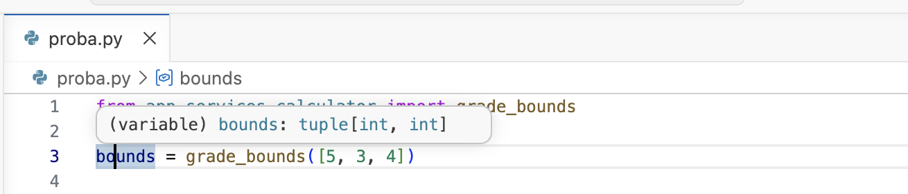 Подсказка VS Code над переменной bounds: (variable) bounds: tuple[int, int]