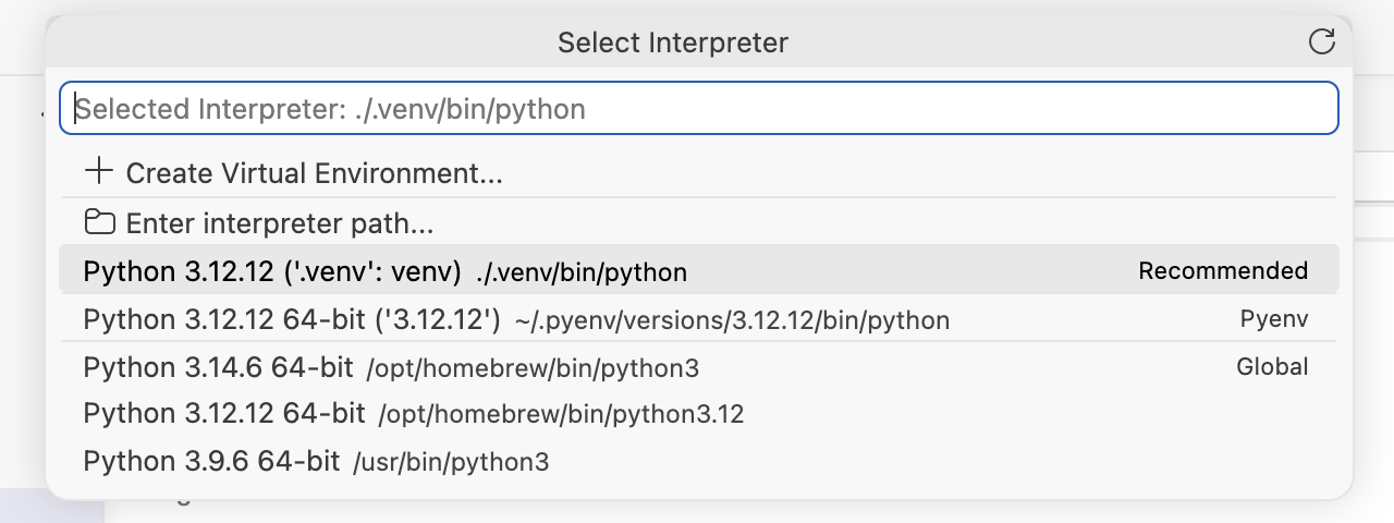 Список Select Interpreter: первой стоит строка Python 3.12.12 ('.venv': venv) ./.venv/bin/python с пометкой Recommended