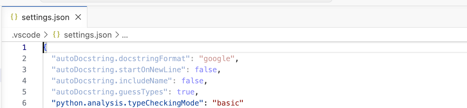 Файл .vscode/settings.json: настройки autoDocstring и последней строкой python.analysis.typeCheckingMode: basic