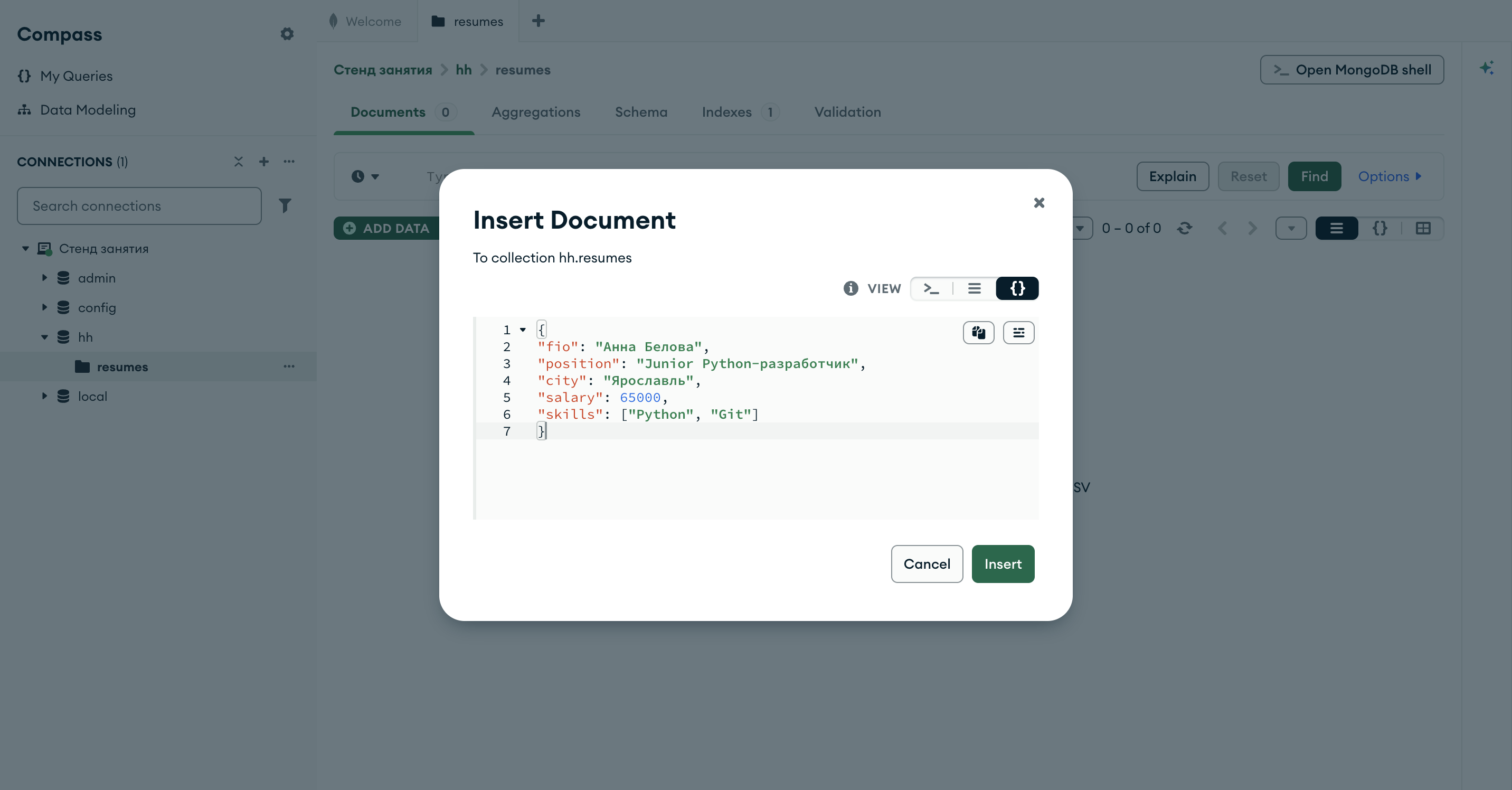 Окно Insert Document в Compass с JSON первого резюме