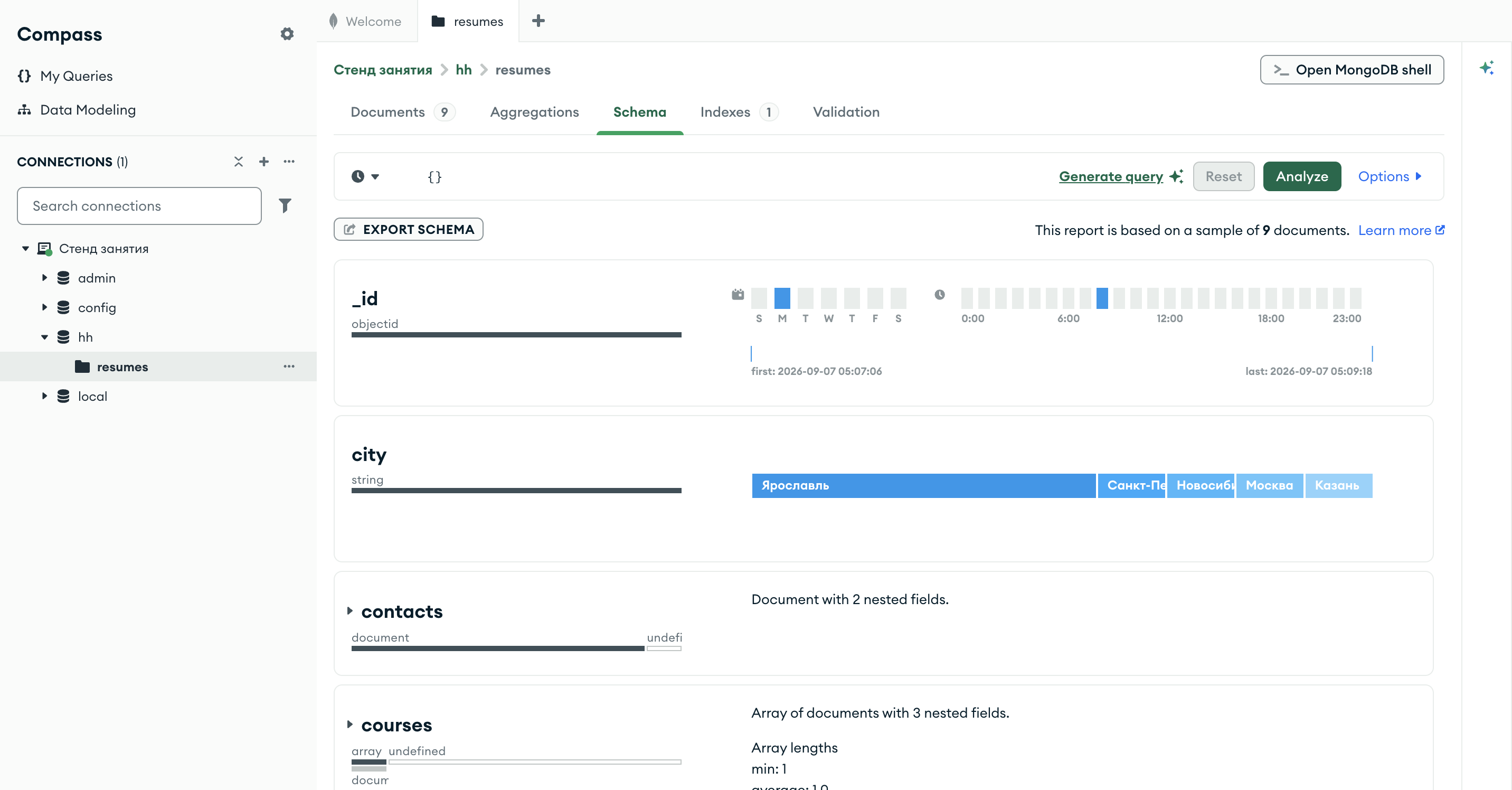 Вкладка Schema в Compass: типы полей и распределение значений
