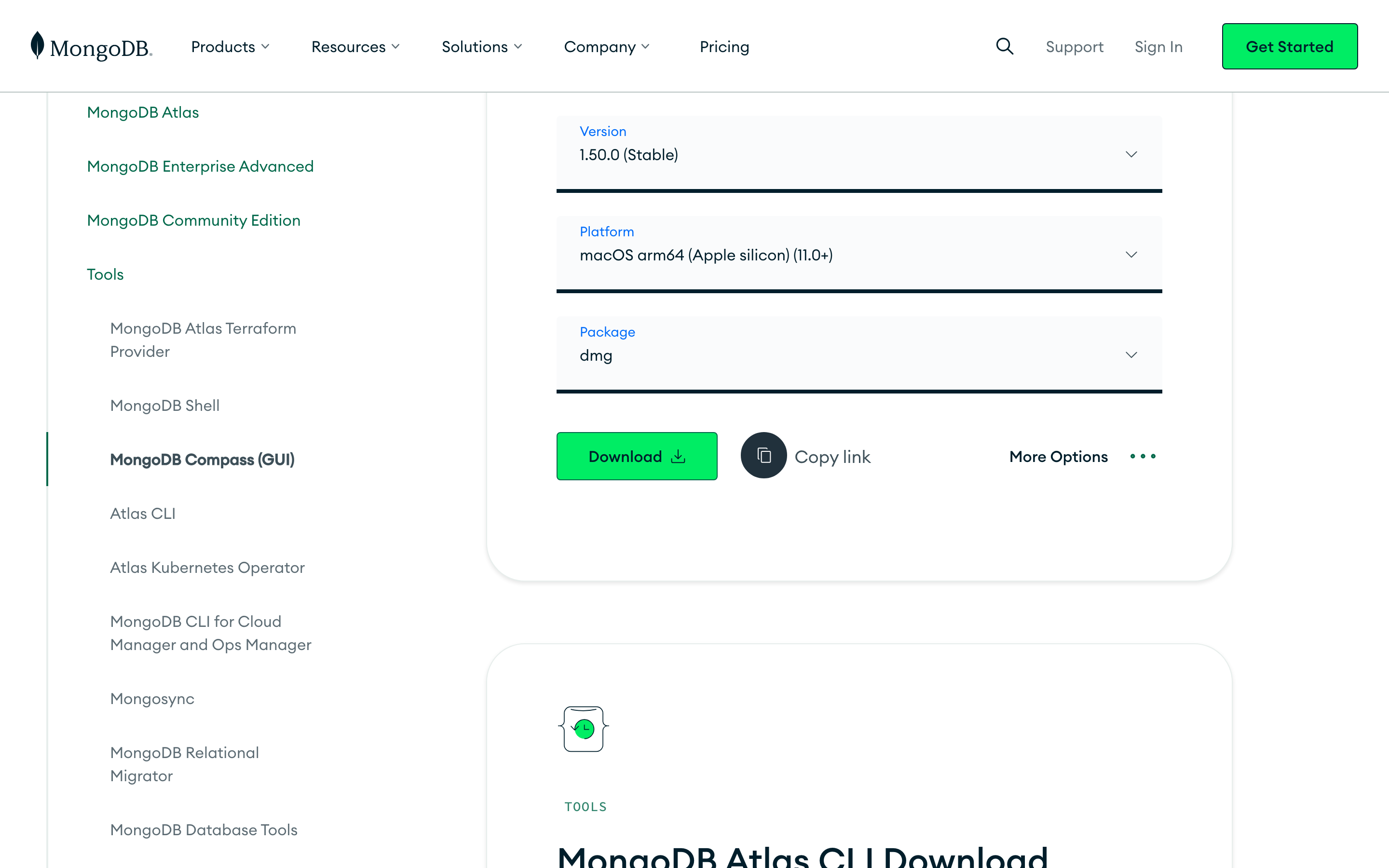 Страница загрузки MongoDB Compass на сайте mongodb.com