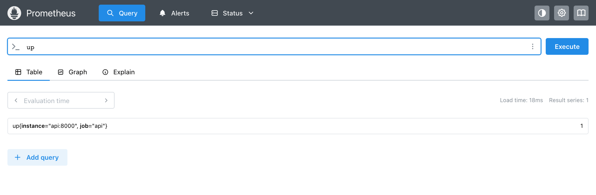Query: выражение up, один ряд up{instance=api:8000, job=api} со значением 1