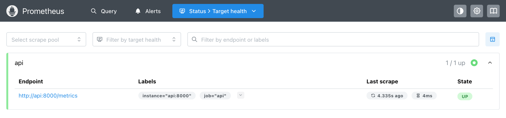 Status → Target health: scrape pool api, 1/1 up, http://api:8000/metrics, instance=api:8000, job=api, 4.335s ago, 4ms, UP