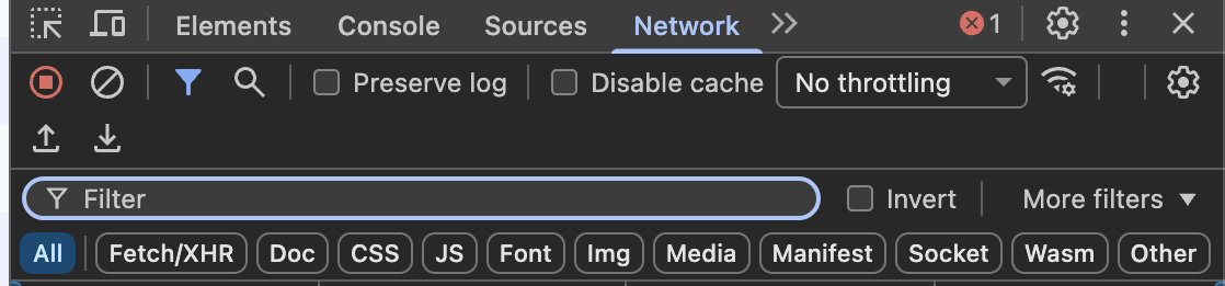 Верх панели DevTools: вкладки, кнопка Preserve log, поле фильтра