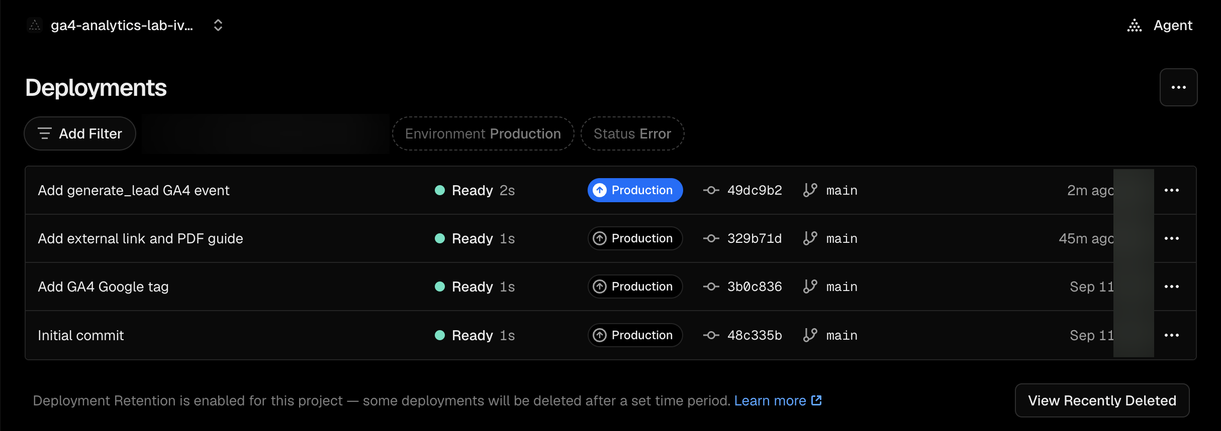 Vercel Deployments: нужный коммит имеет статусы Ready и Production.