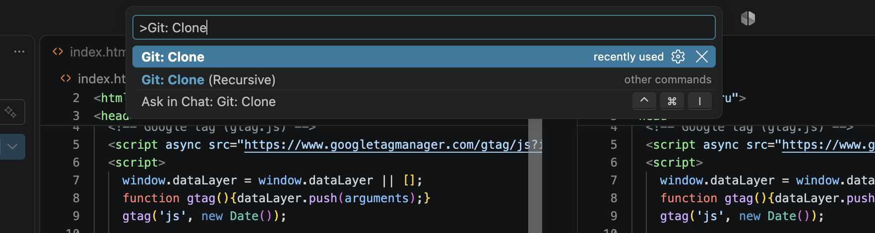VS Code: команда Git: Clone и поле для адреса репозитория.