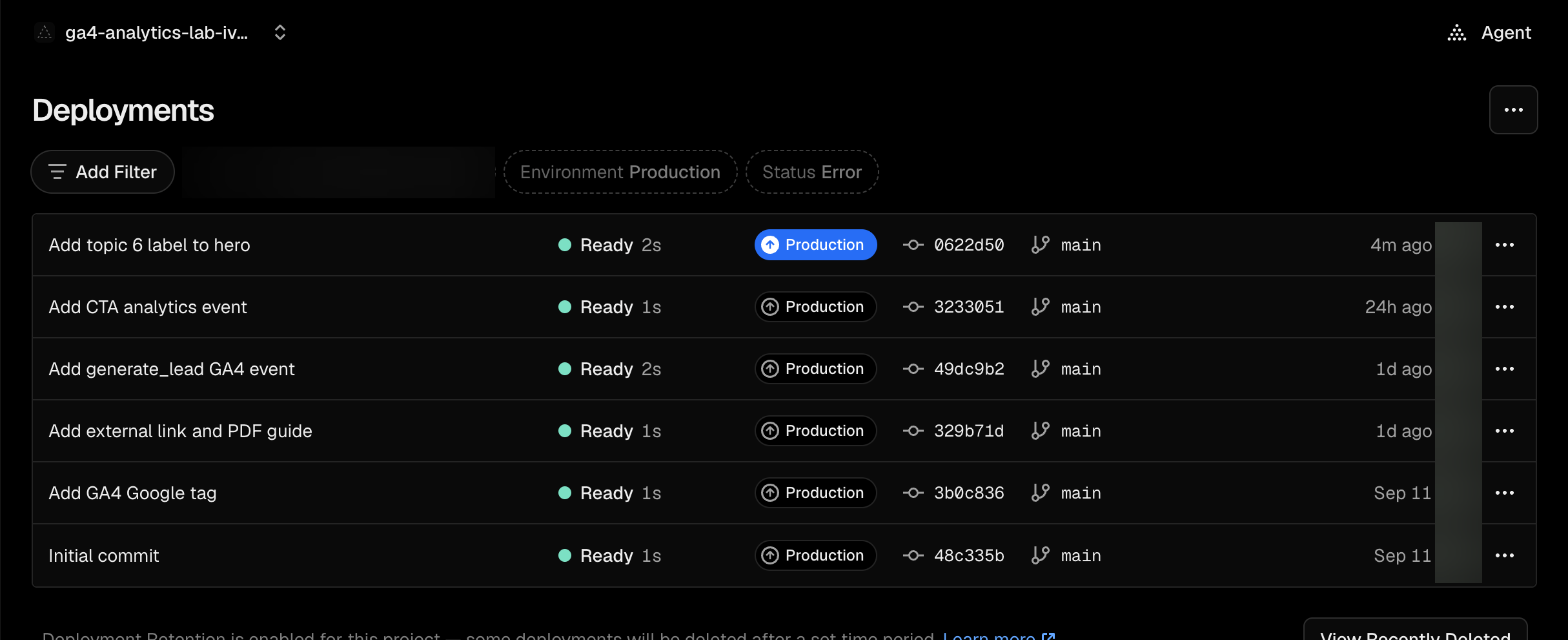 Vercel Deployments: коммит со статусами Ready и Production.