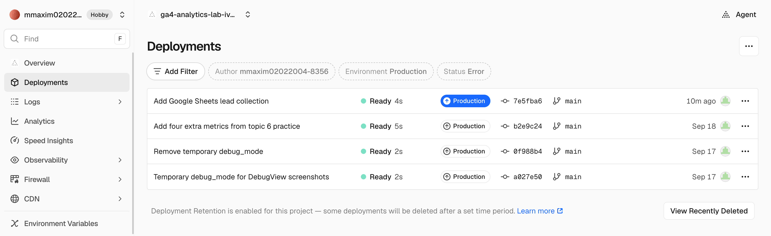 Vercel Deployments.