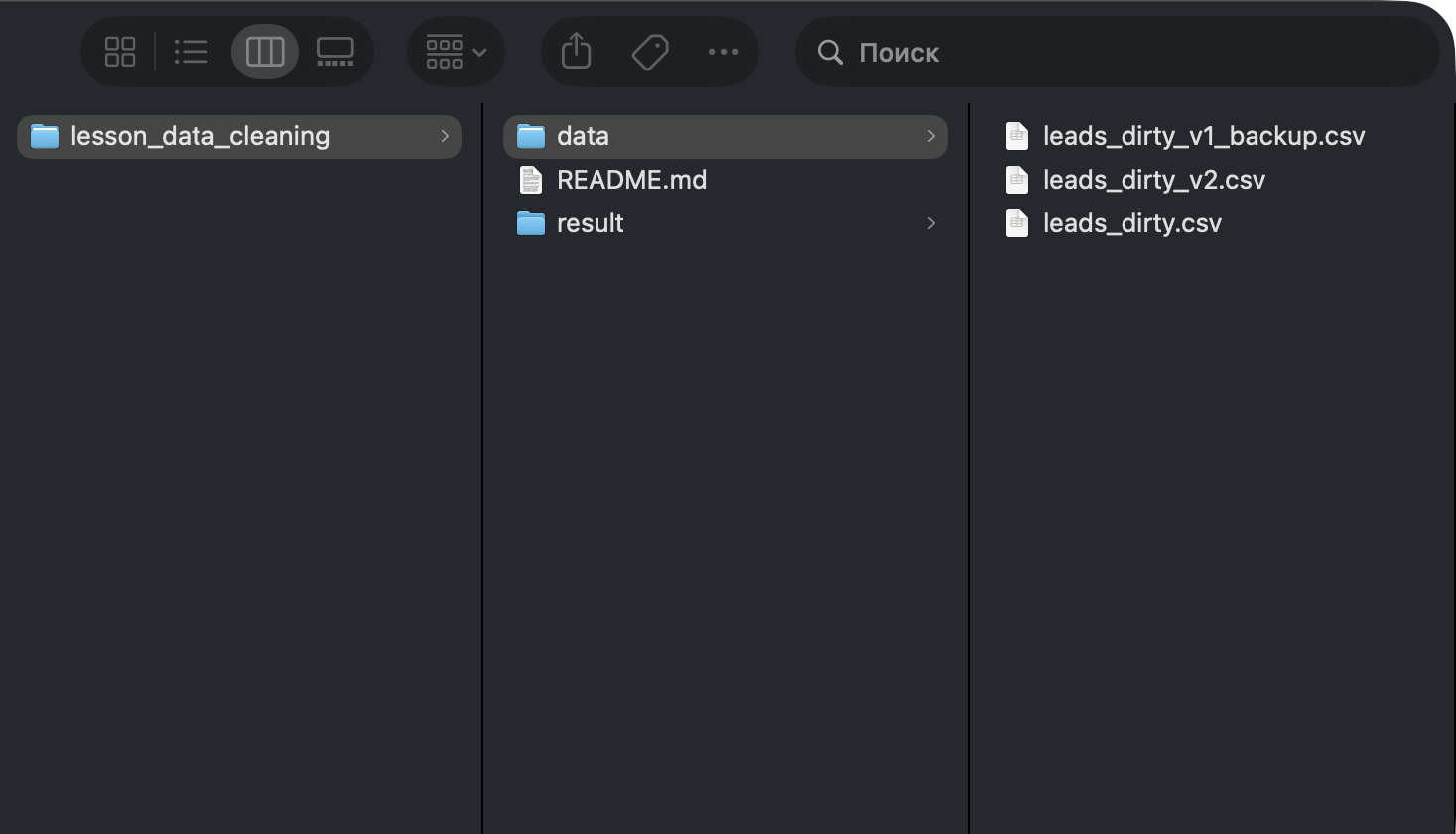 Finder: распакованная lesson_data_cleaning, папки data и result; в data видны три CSV.