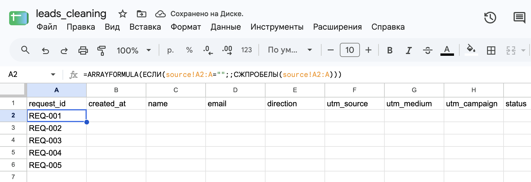 Ячейка A2 с формулой в строке формул; столбец request_id заполнен.