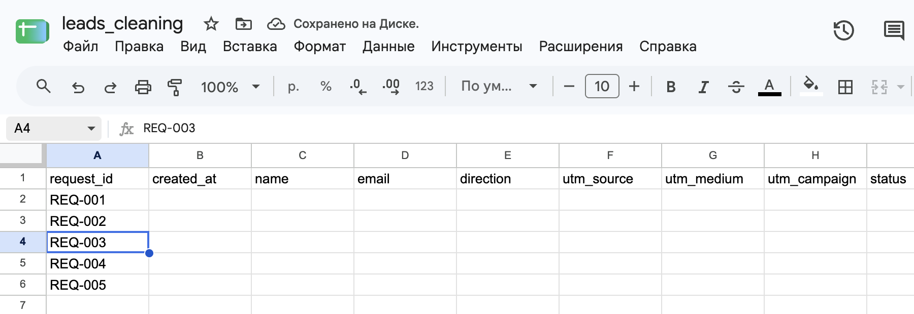 Выделена ячейка A4: в строке формул только значение.