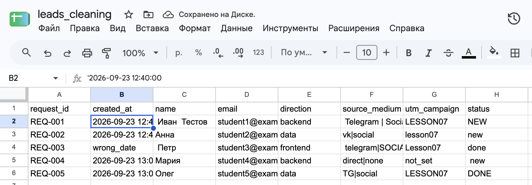 Лист source: значения created_at прижаты к левому краю, в строке формул текст с апострофом.