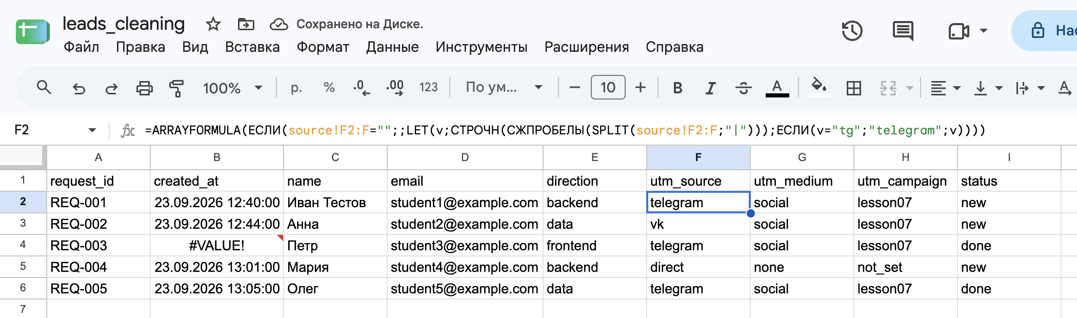 Формула F2 с LET и заменой; в utm_source у REQ-005 стоит telegram.
