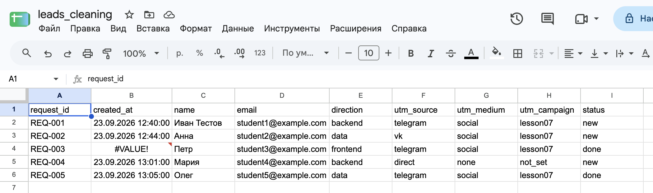 Итоговый лист leads_clean: 9 столбцов, 5 заявок, ошибка у REQ-003.