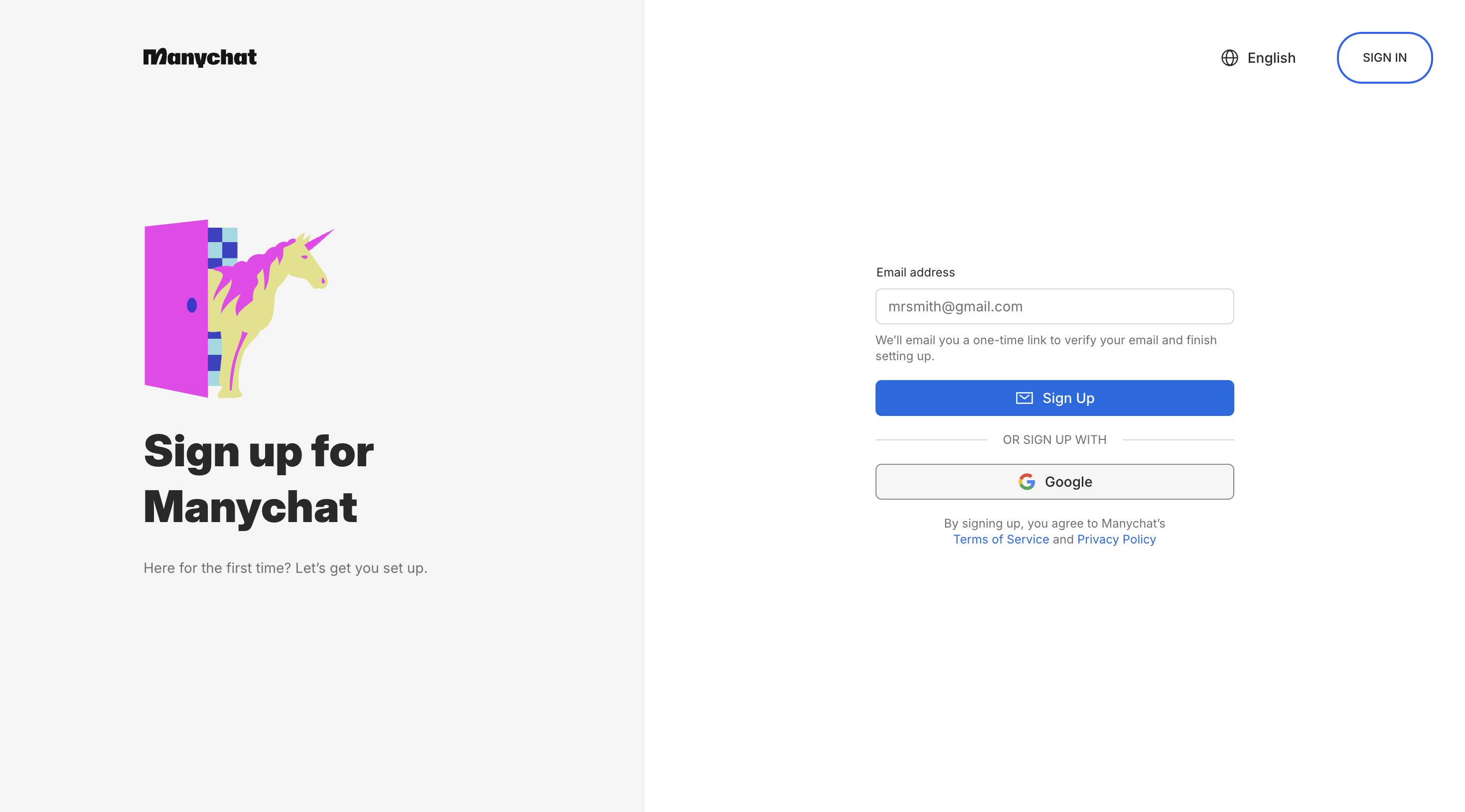 Страница регистрации ManyChat: Sign up, почта и вход через Google.