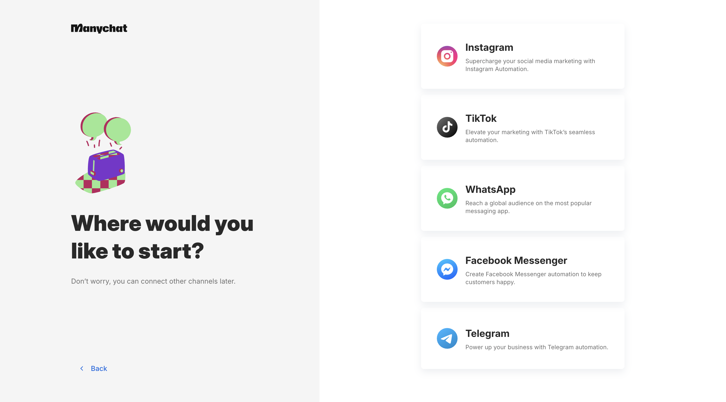 ManyChat: экран выбора канала, первая плитка Instagram.