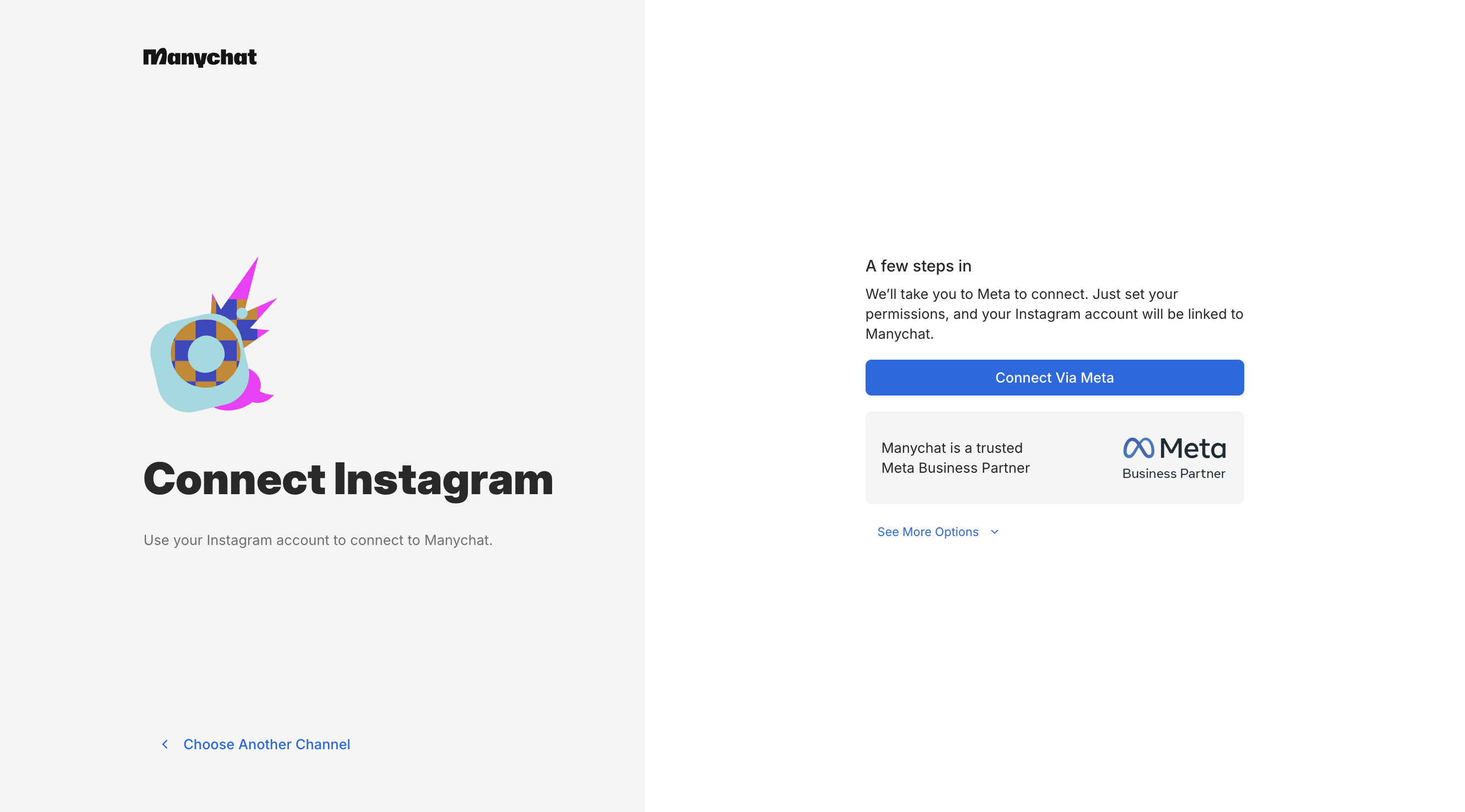 ManyChat: экран Connect Instagram с кнопкой Connect Via Meta и ссылкой See More Options.