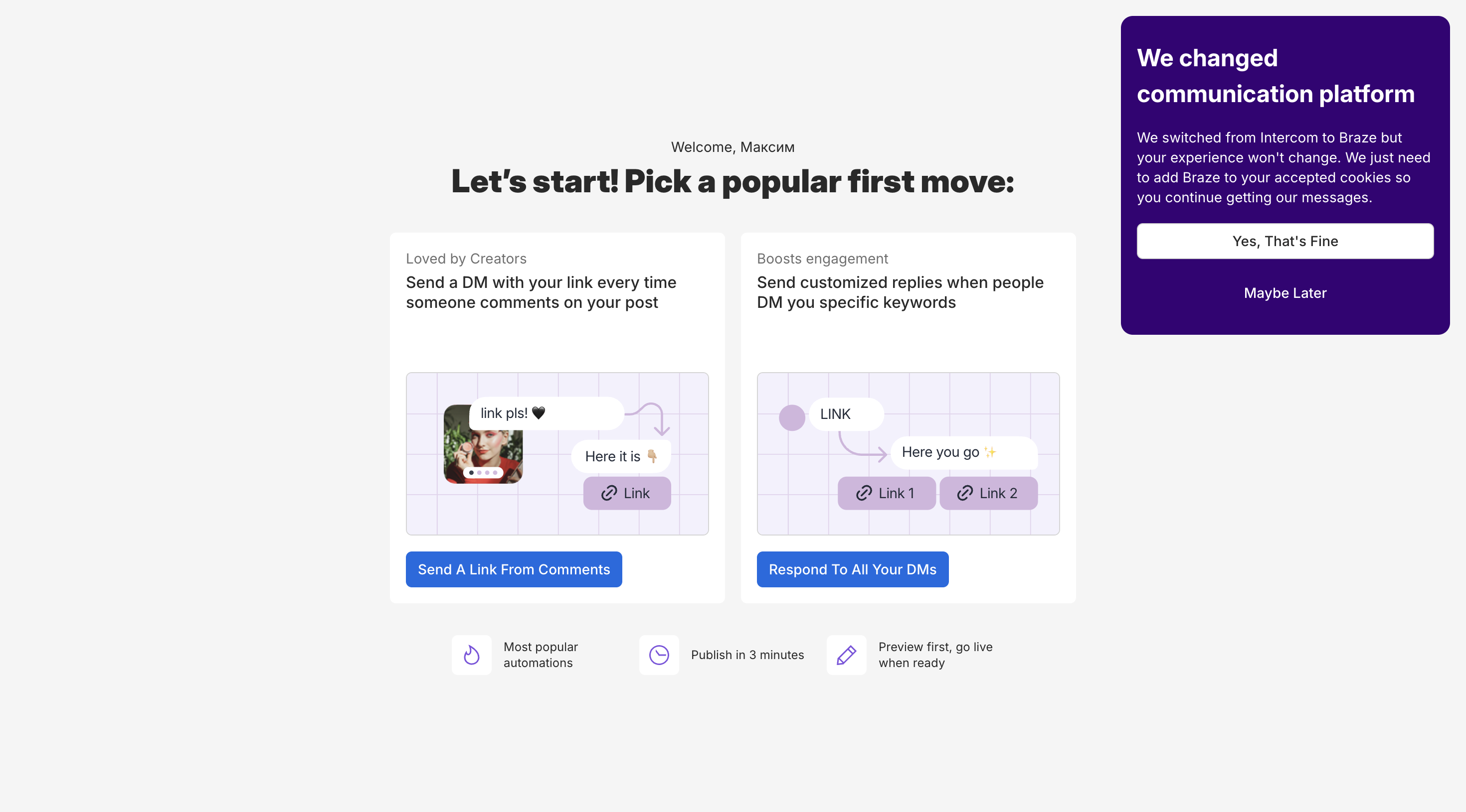 ManyChat Home после регистрации.