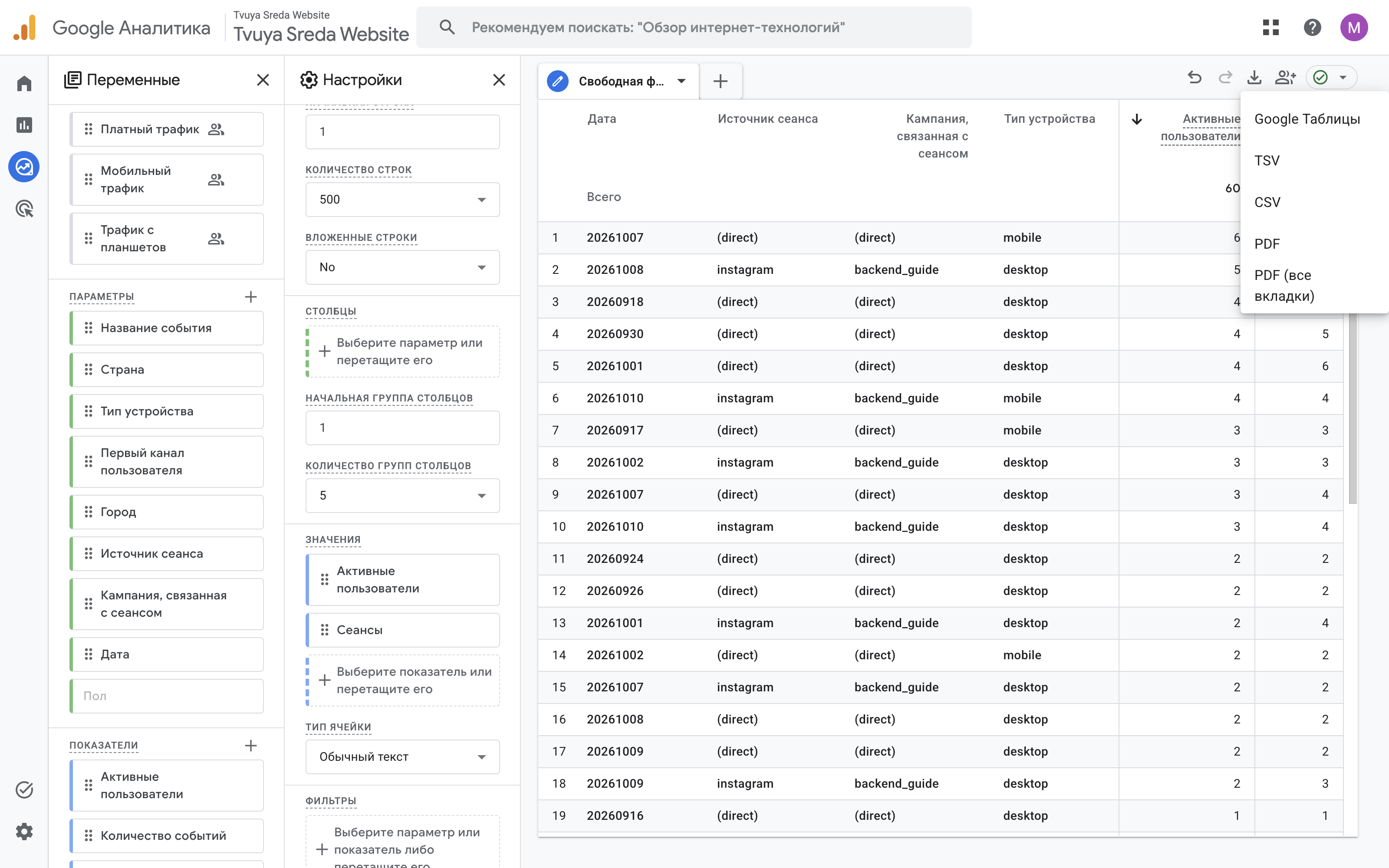 Меню «Экспортировать данные»: Google Таблицы, TSV, CSV, PDF.