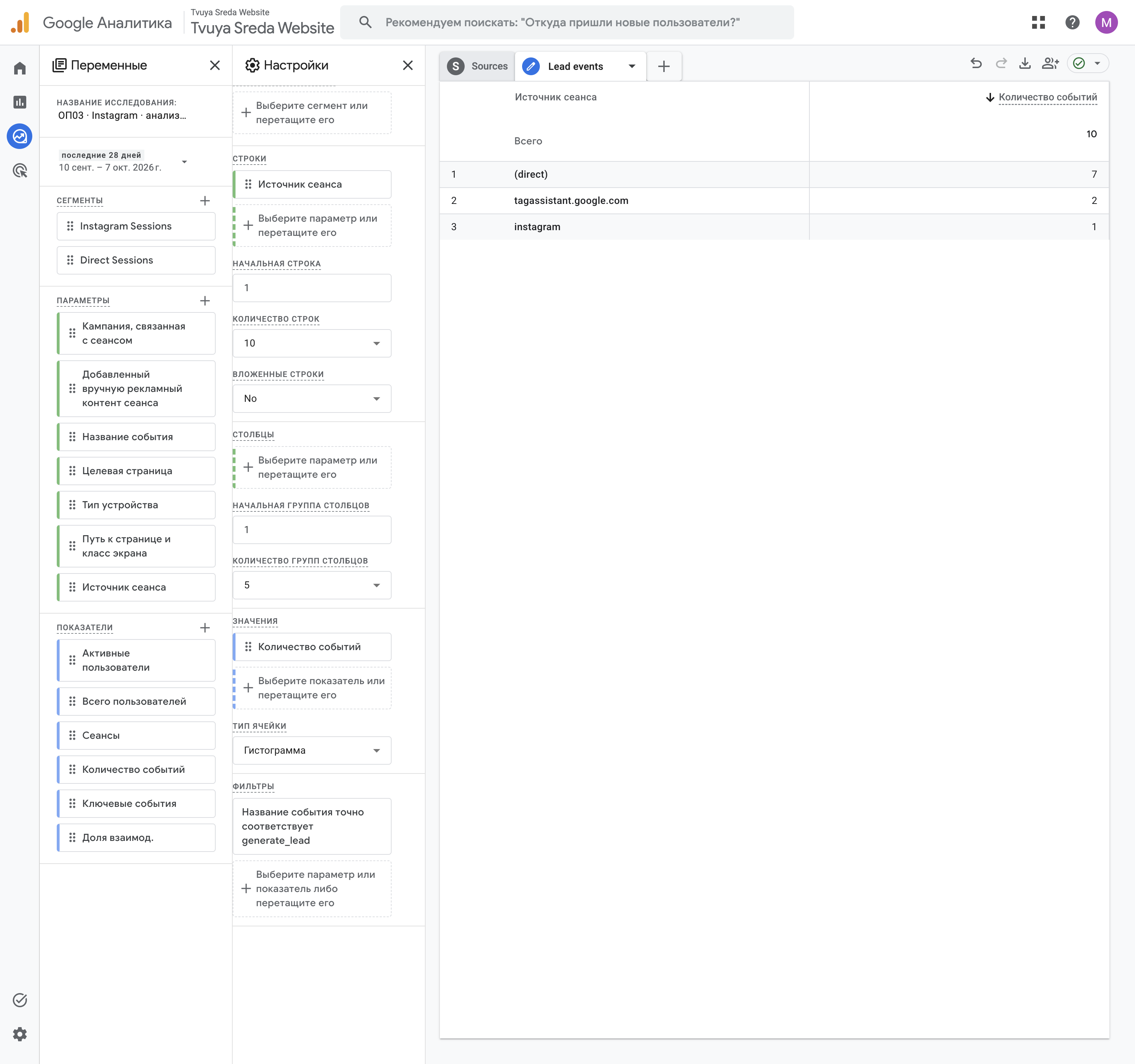Вкладки Sources и Lead events; Lead events с фильтром generate_lead.