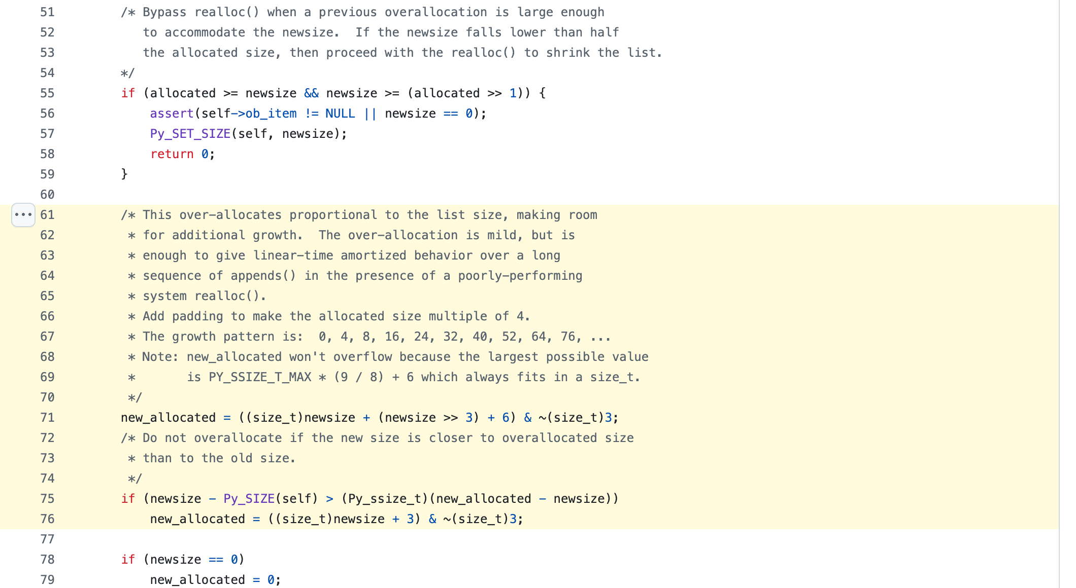 Фрагмент функции list_resize из файла Objects/listobject.c репозитория CPython, строки 51–79