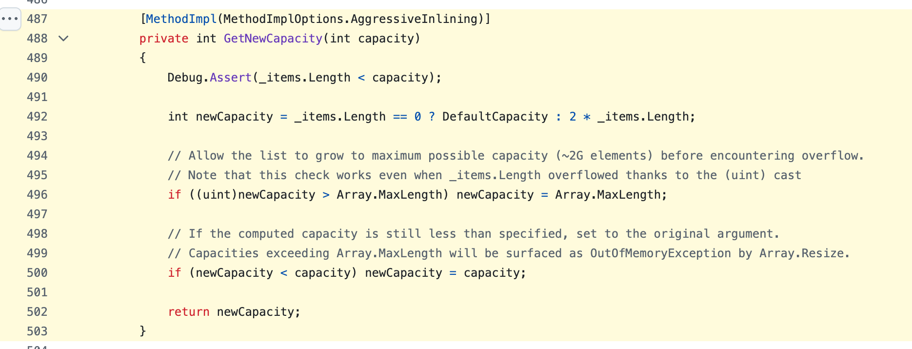 Метод GetNewCapacity из файла List.cs репозитория dotnet/runtime, строки 487–503