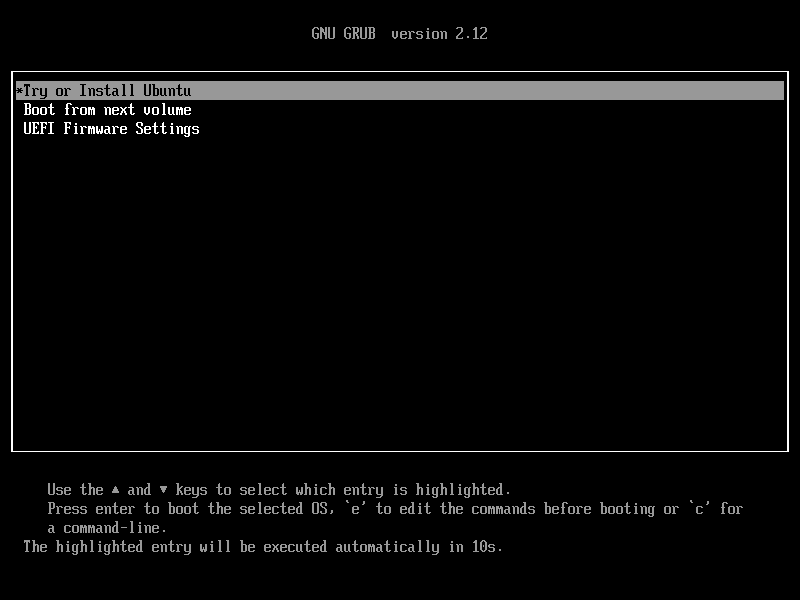 Реальное меню загрузки Ubuntu в VirtualBox