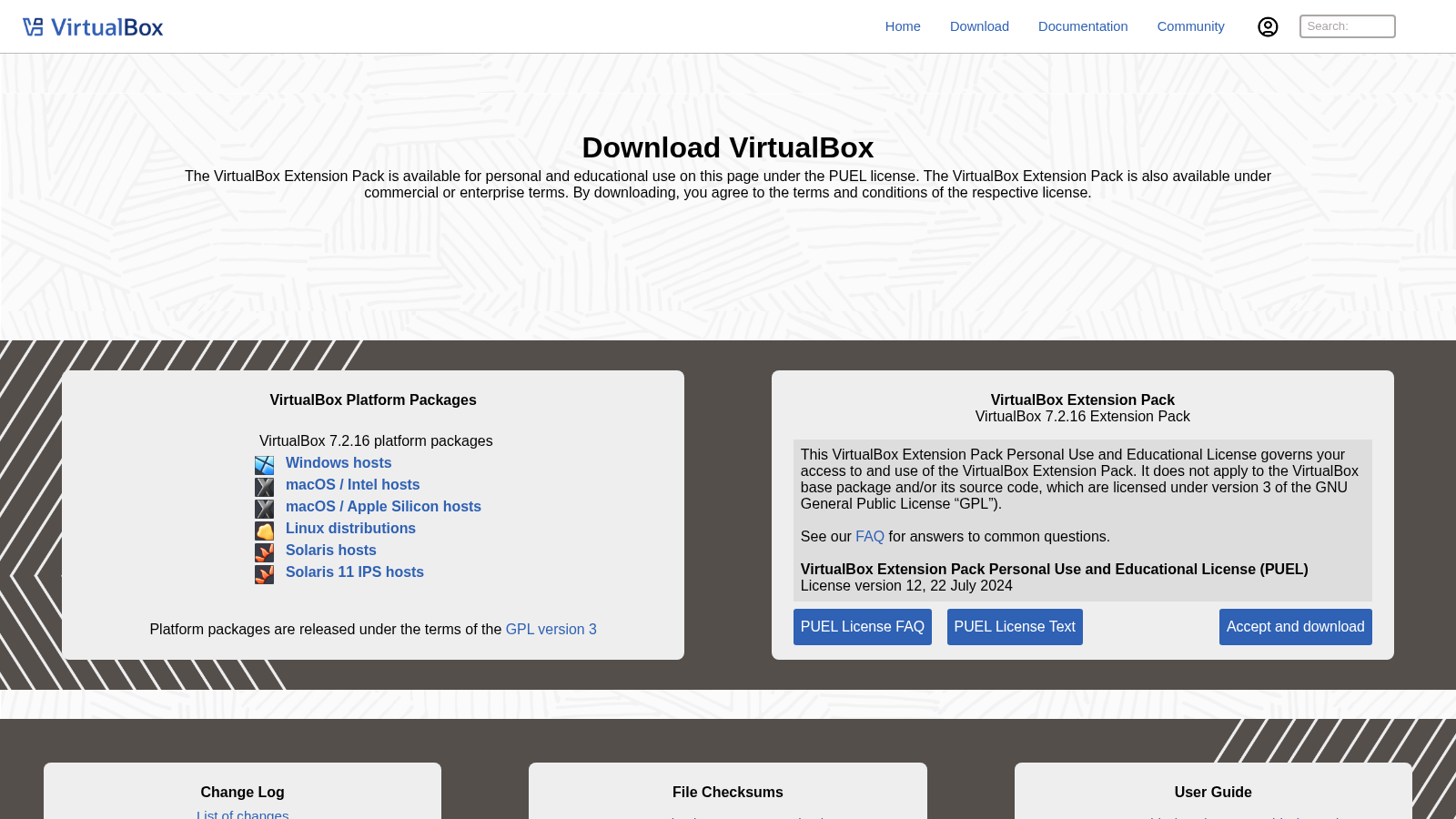 Страница загрузки VirtualBox