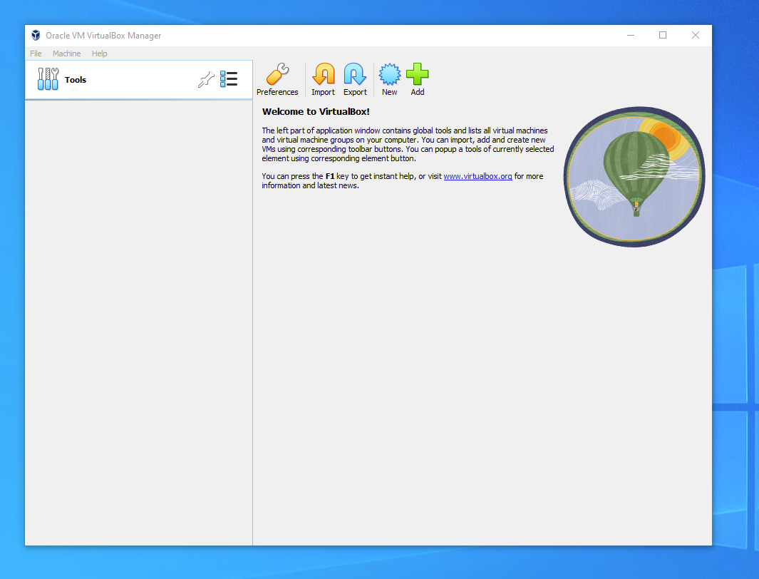 Главное окно VirtualBox Manager с кнопками New и Add