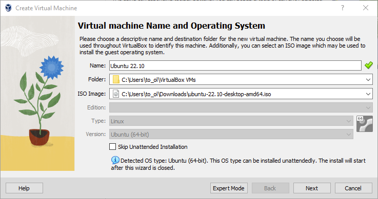 Поля Name, Folder и ISO Image в мастере VirtualBox
