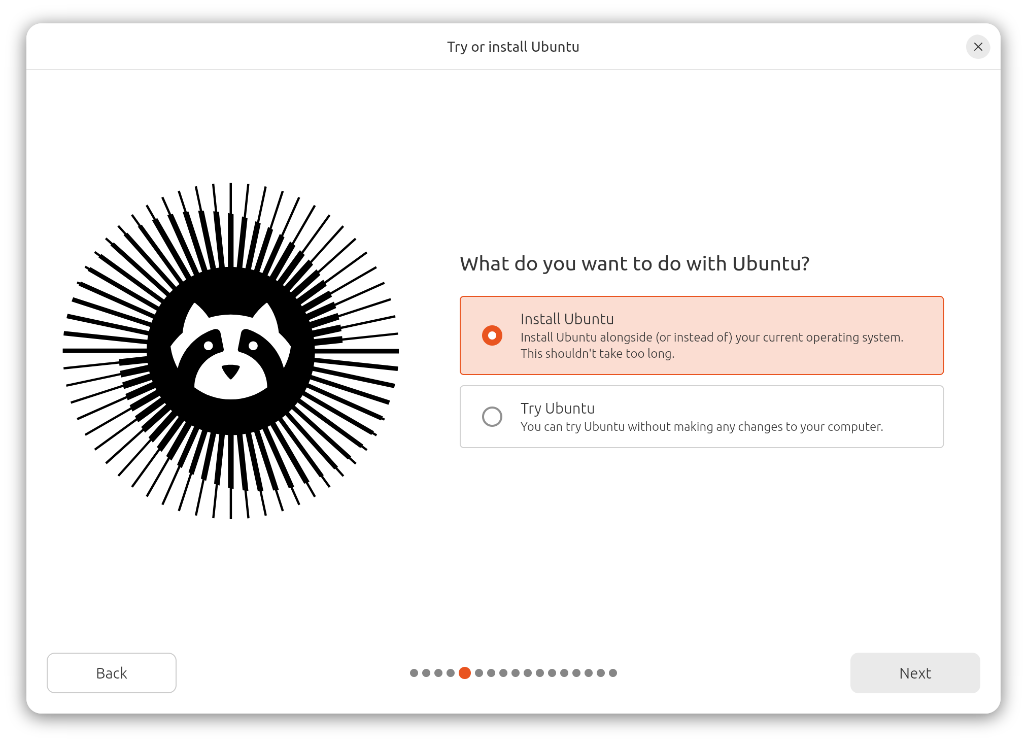 Выбор попробовать или установить Ubuntu