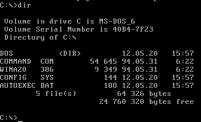 Экран MS-DOS с выводом команды dir
