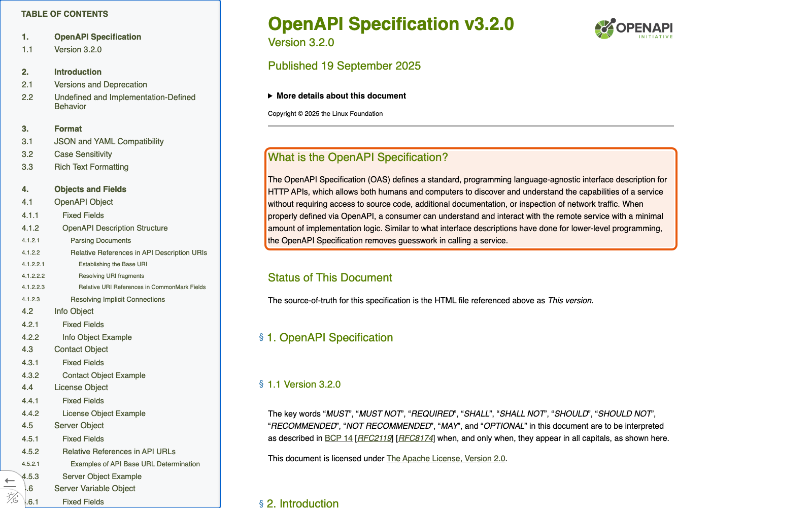 Страница спецификации OpenAPI 3.2.0 с разделом What is the OpenAPI Specification и определением формата