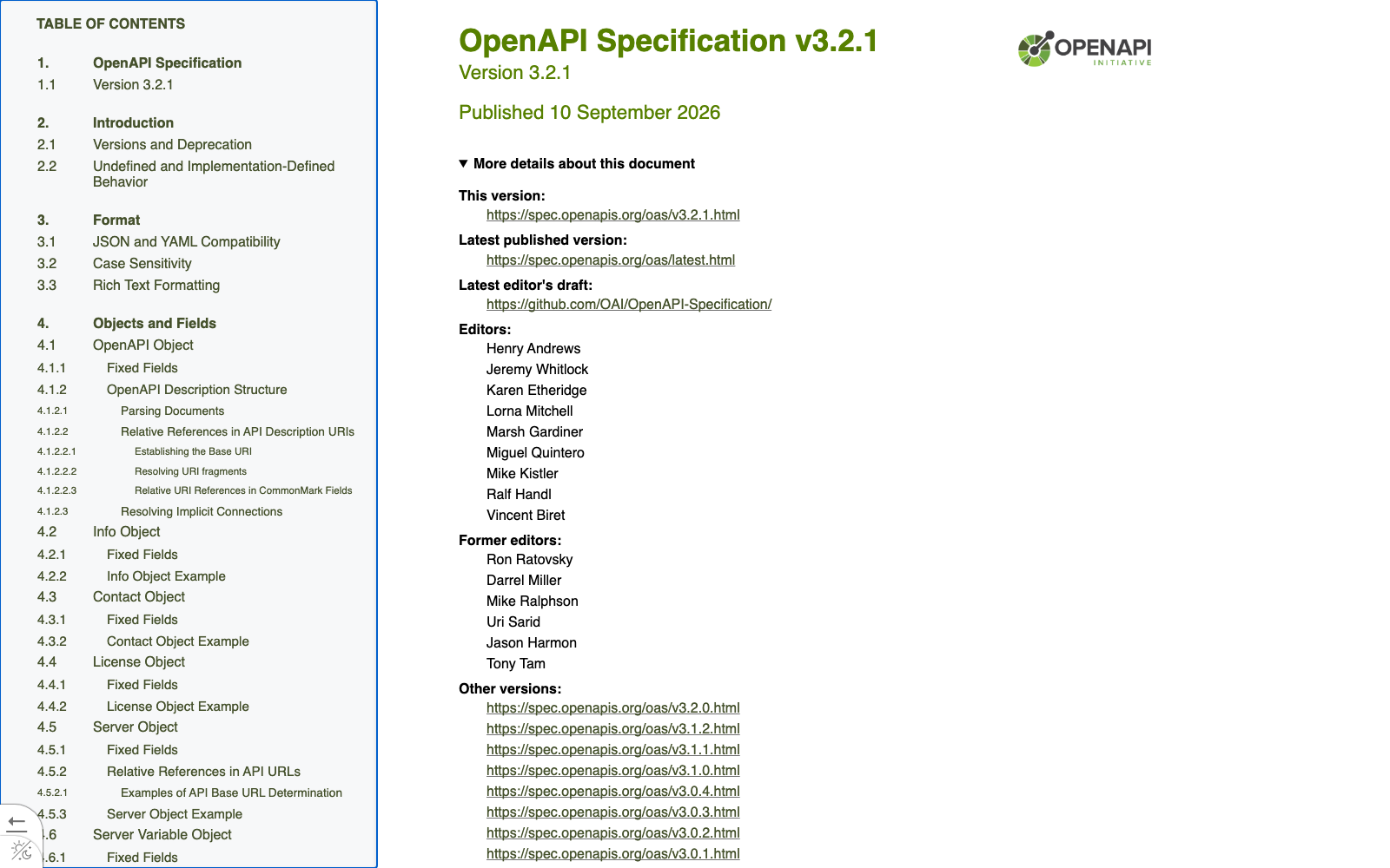 Страница spec.openapis.org/oas/latest: OpenAPI Specification v3.2.1, Published 10 September 2026