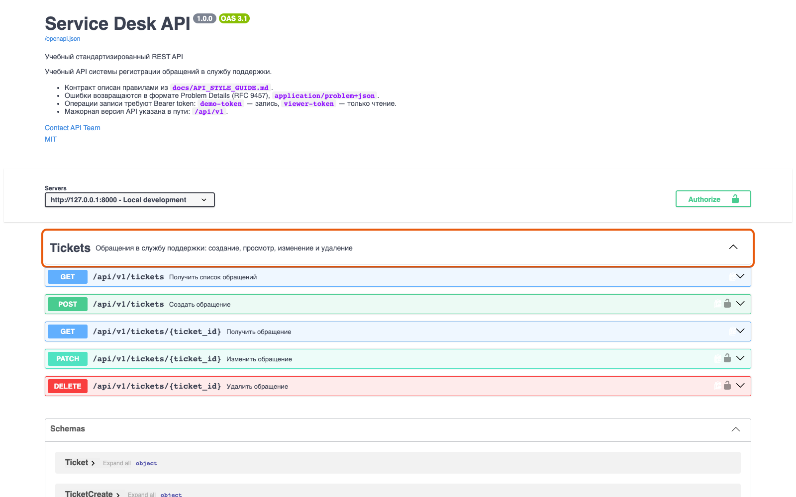 Swagger UI группирует операции по tag: заголовок группы Tickets с описанием из openapi_tags.