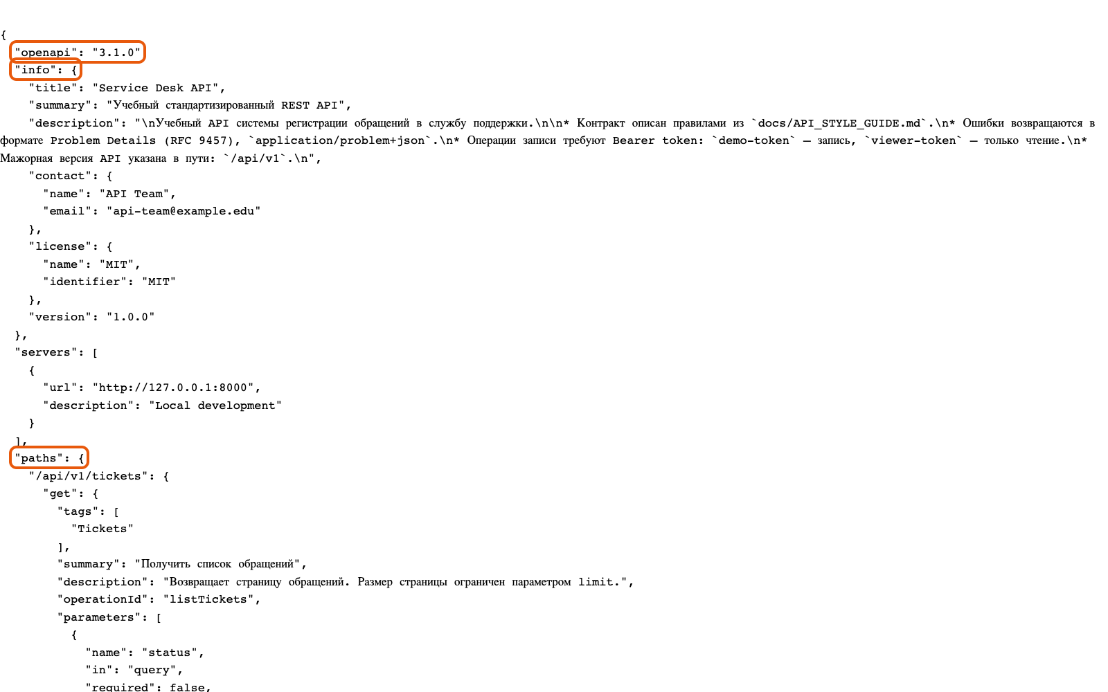 OpenAPI schema учебного проекта с автоформатированием: выделены "openapi": "3.1.0", "info" и "paths".