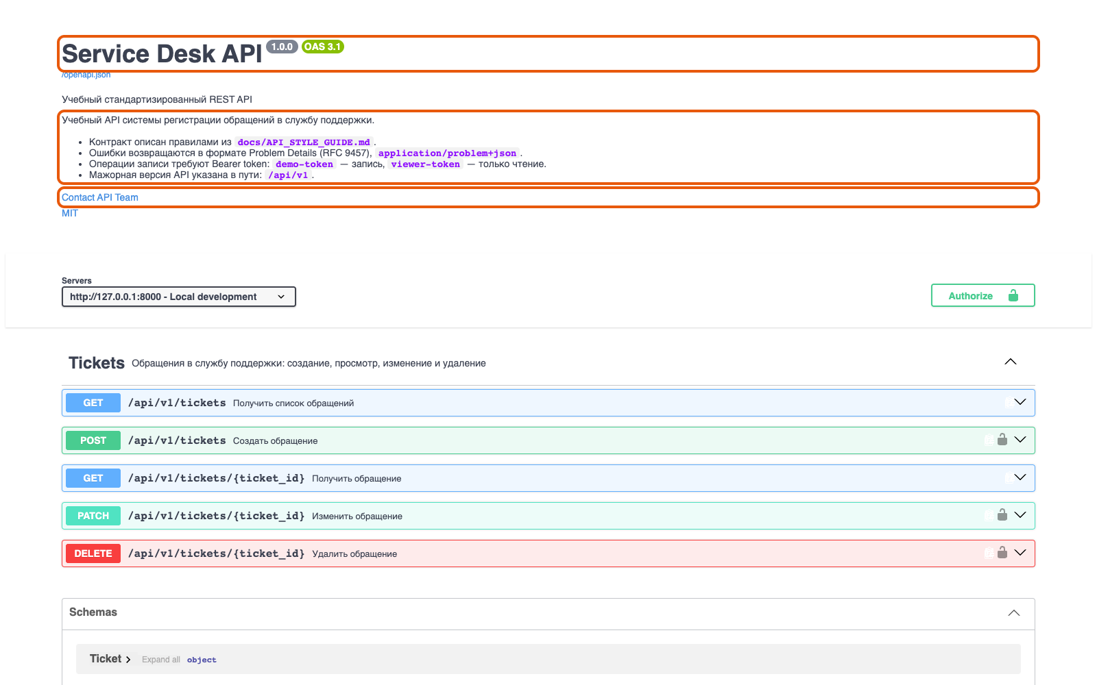 Каждый параметр конструктора виден в Swagger UI: title, version, summary, description и контакт API Team.