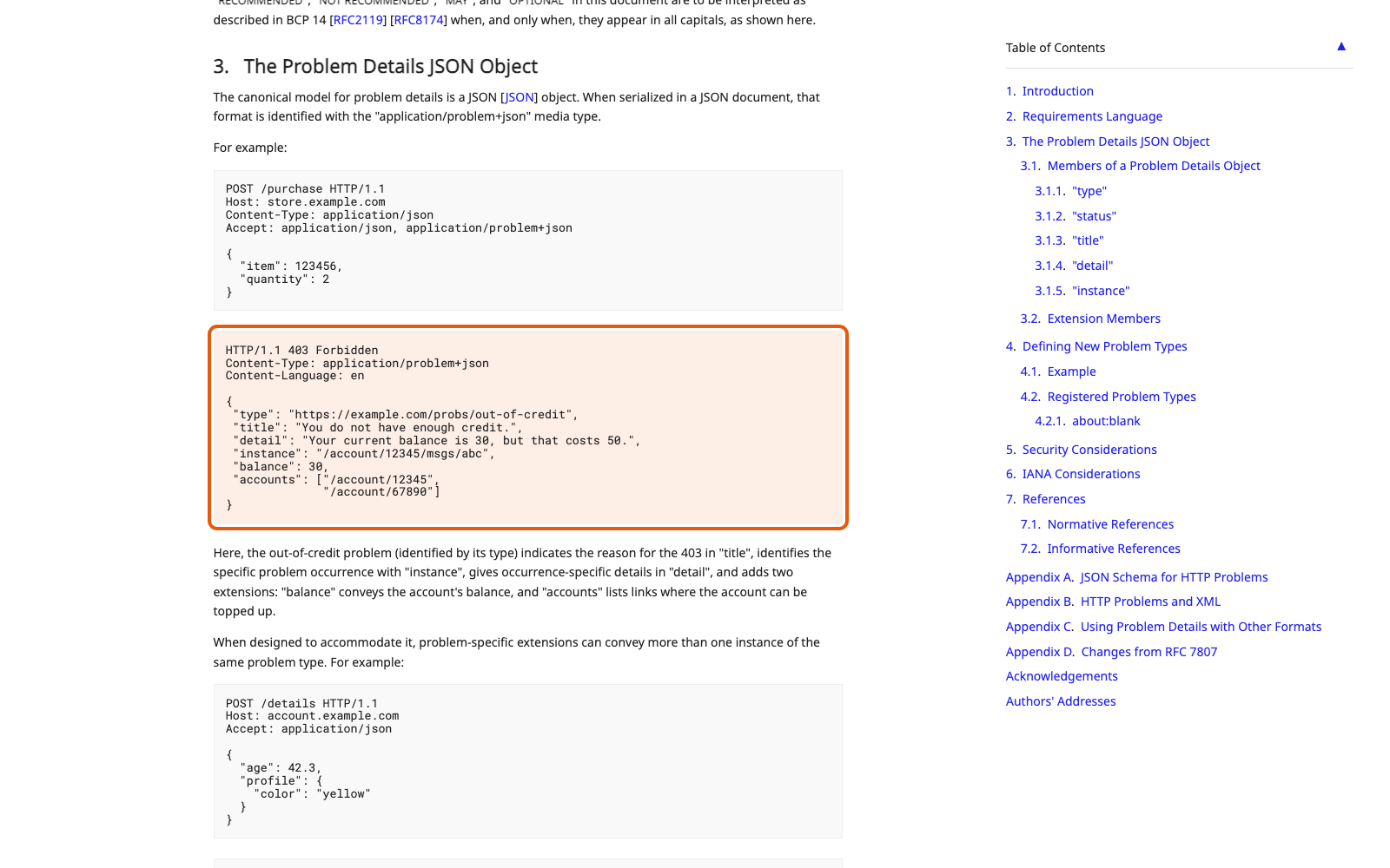 RFC 9457, раздел 3: пример ответа 403 Forbidden с Content-Type: application/problem+json.