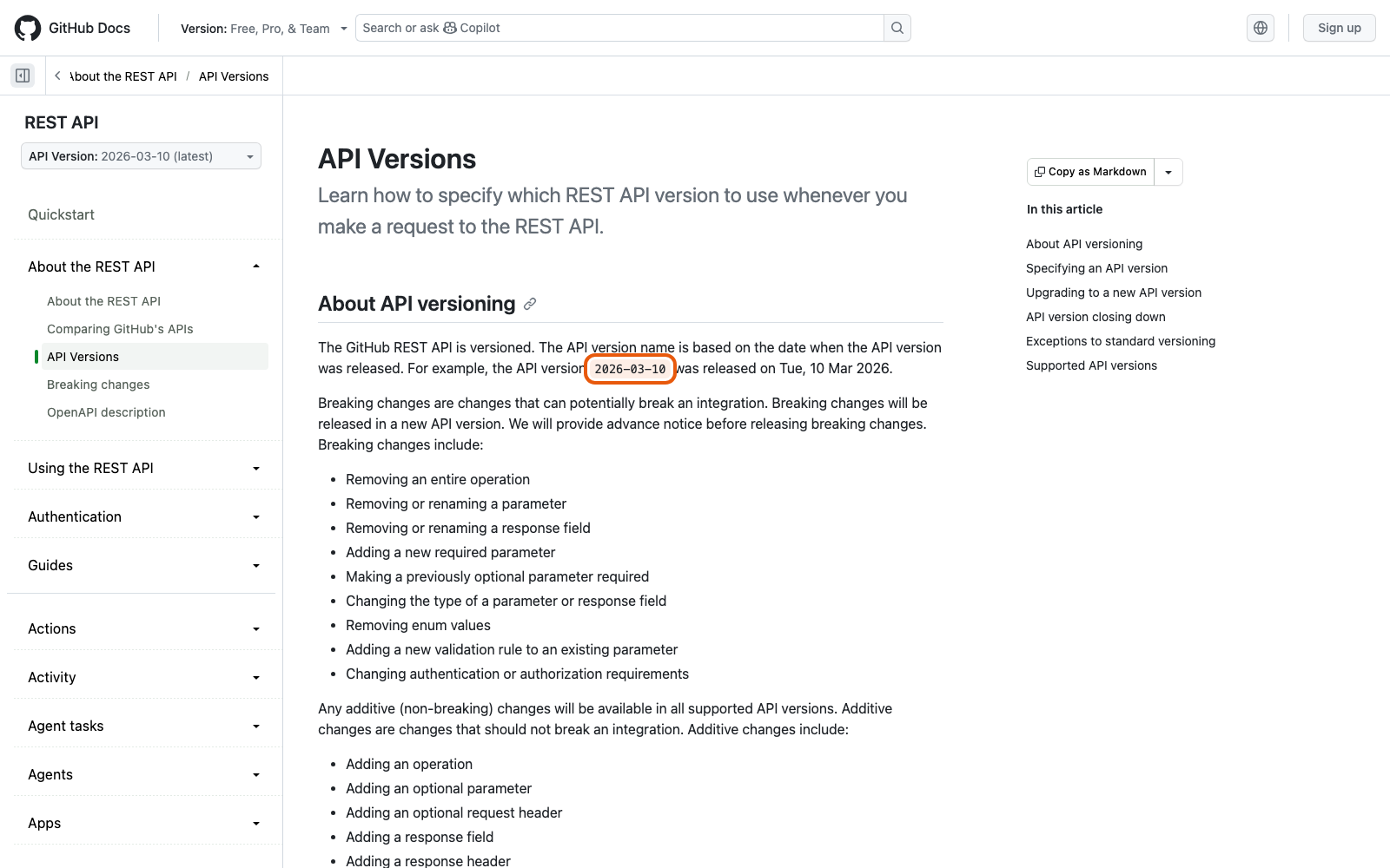 Страница GitHub Docs про версии REST API и заголовок X-GitHub-Api-Version
