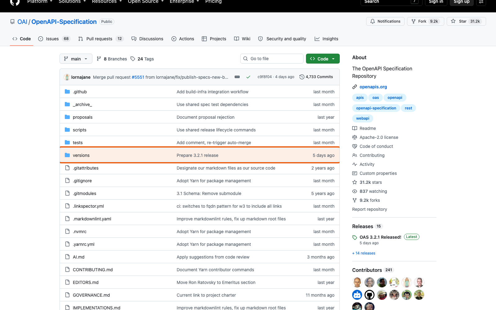 Корень репозитория спецификации: папка versions, README.md и style-guide.md.