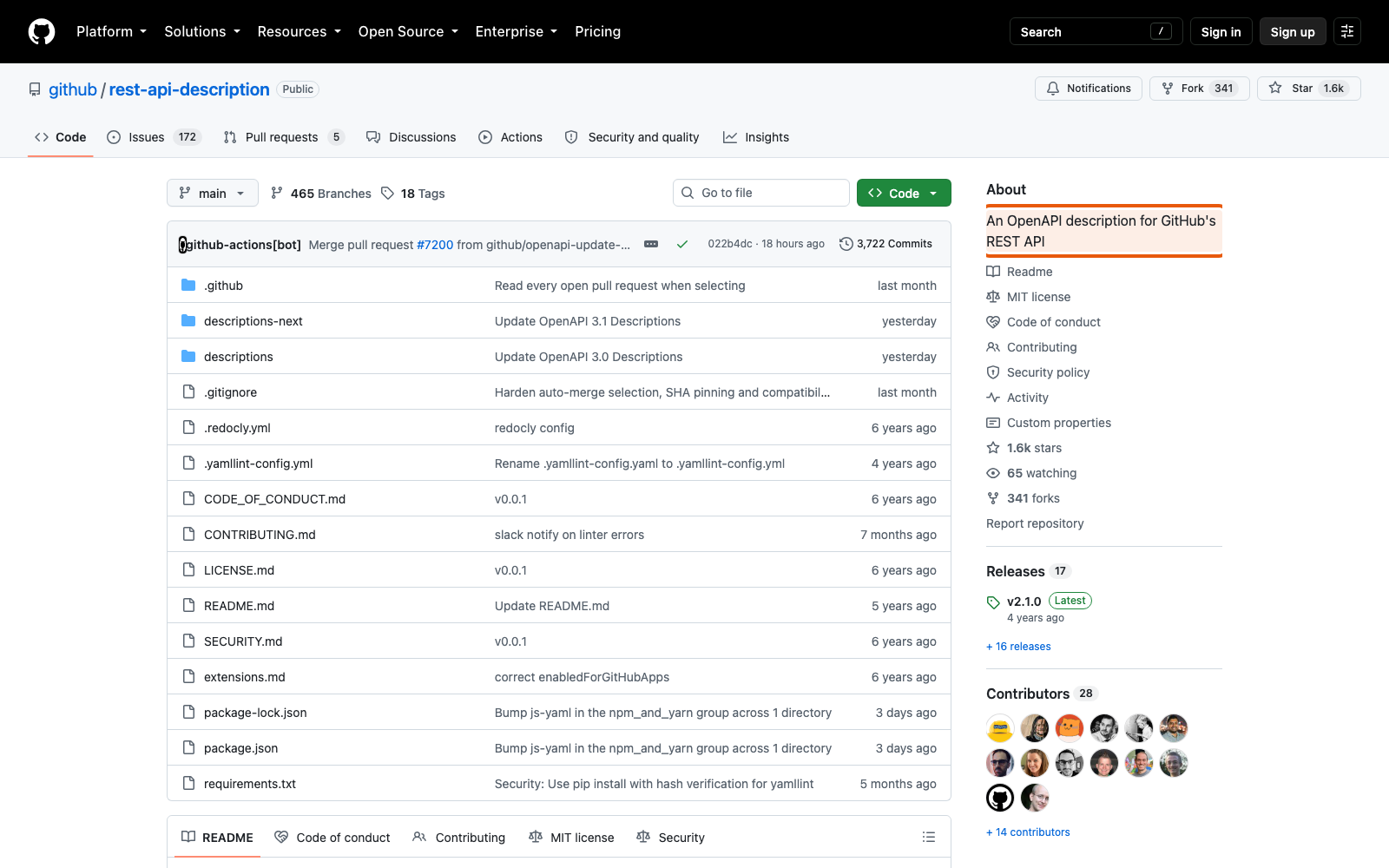 Описание репозитория: «An OpenAPI description for GitHub's REST API».