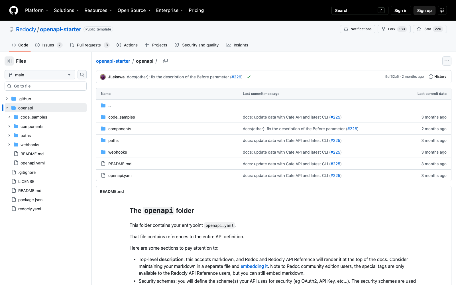 Папка openapi: openapi.yaml, paths, components, code_samples, webhooks.
